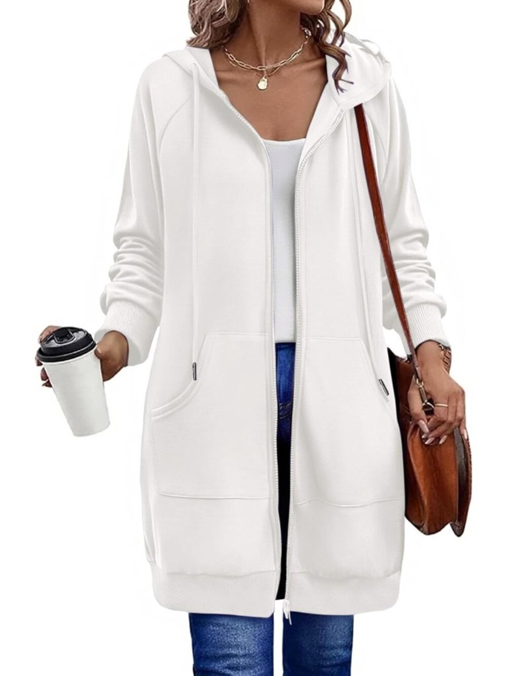 Women's White Long Fleece Hoodie Zip Front Oversized Tunic Kangaroo Pocket